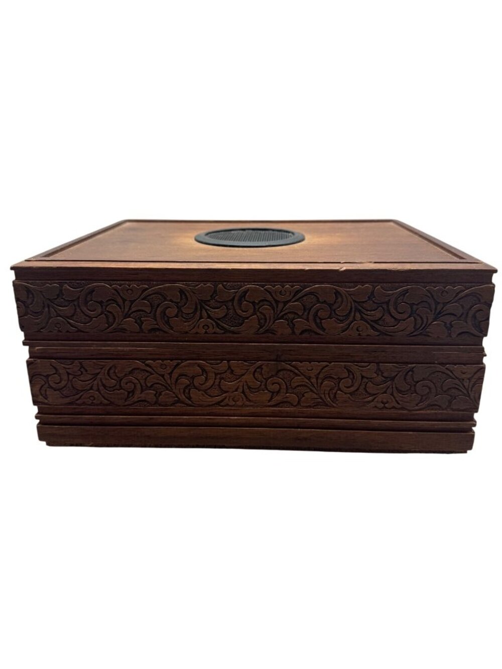 Hand-Carved Wooden Trinket Box With Intricate Floral Design & Hinged Lid READ